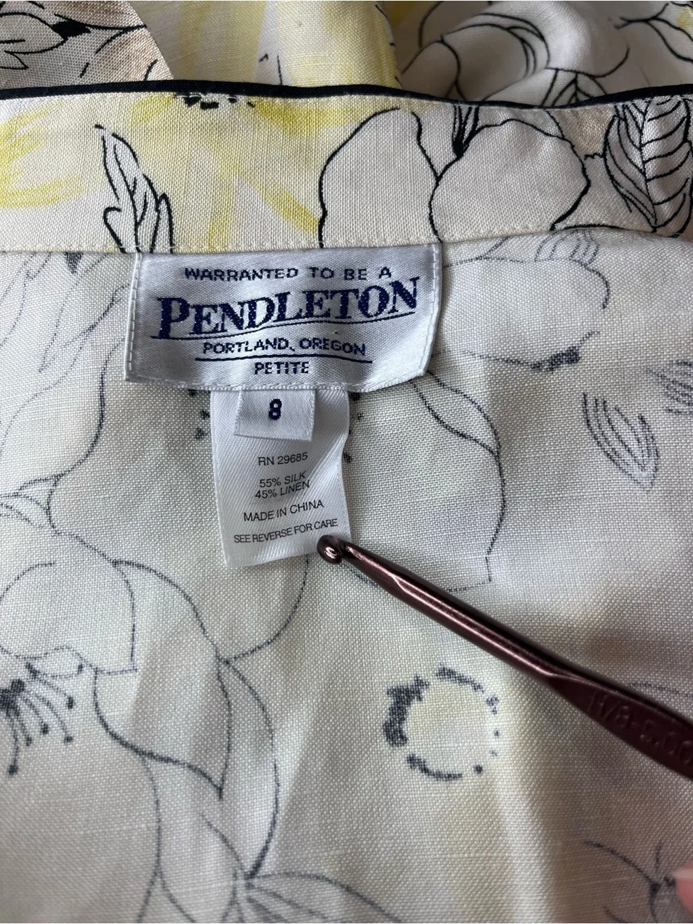 Pendleton Petite 8P Silk Linen Floral Mandarin Collar Frog Closure Jacket - Picture 4 of 16